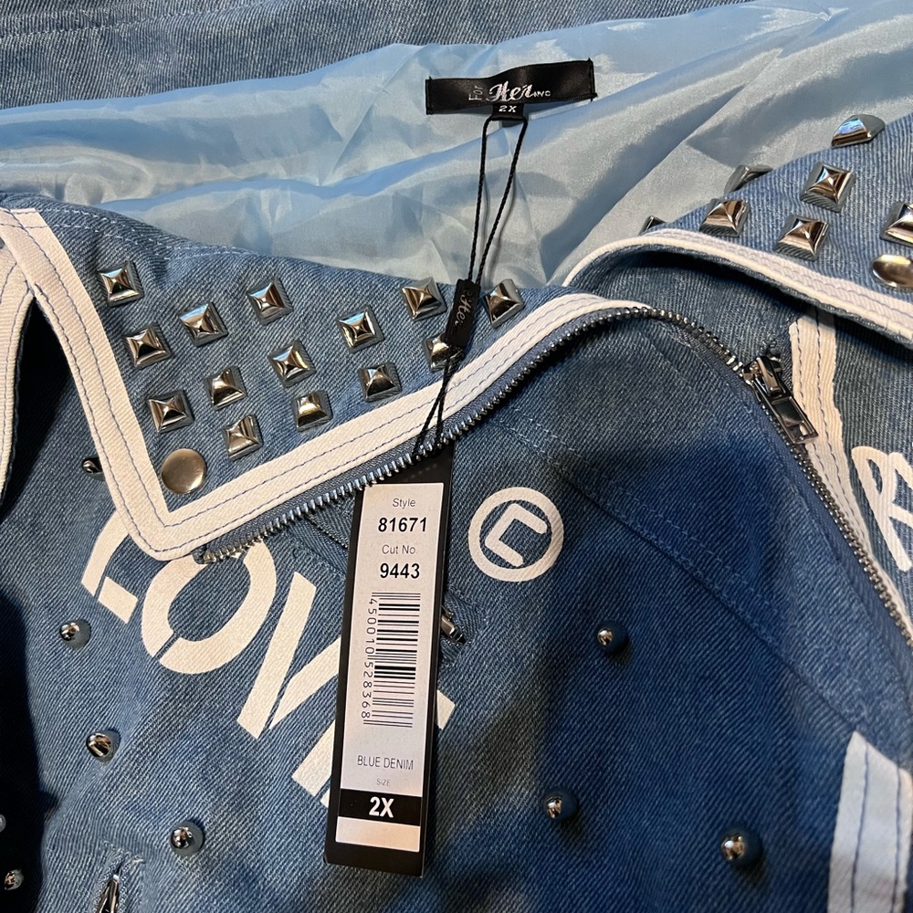 For Her NYC Belted Off-shoulder Studded Denim/Leopard Print Jacket Size 2X - Picture 5 of 15